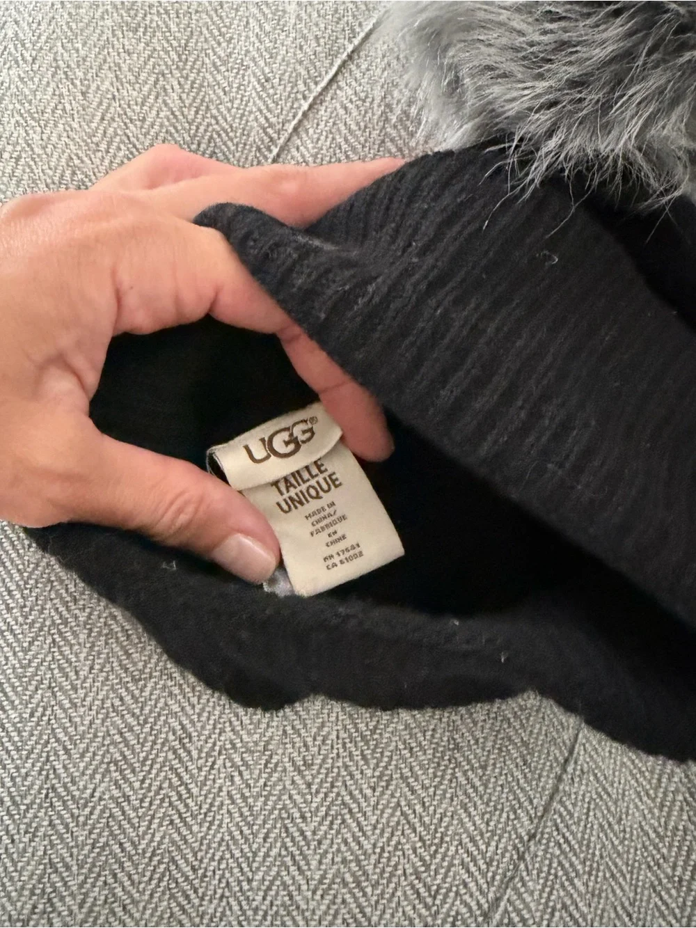 UGG women’s Black Knit Beanie with Gray Faux Fur Pom